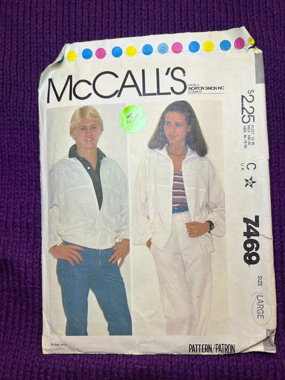 McCalls 7469 sewing pattern unisex jacket pattern 1970s size large